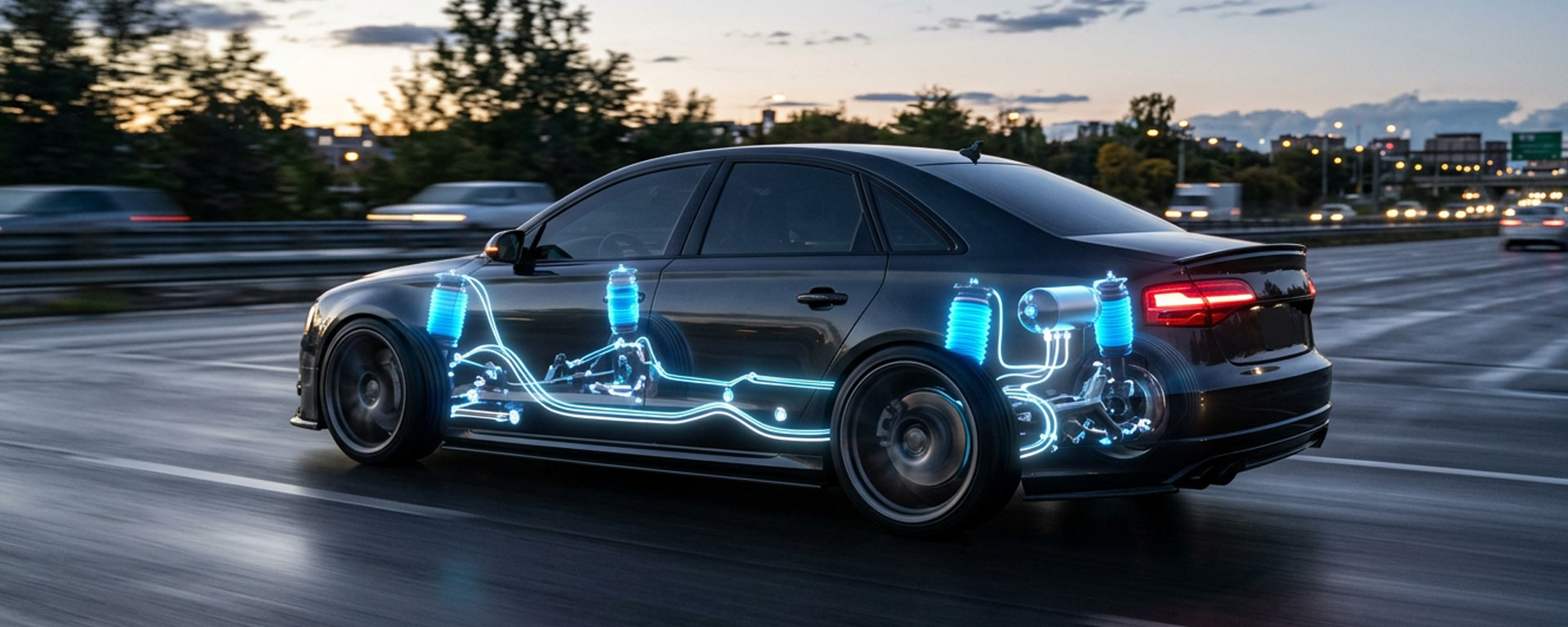 Фирменная иллюстрация Pneumoultrix: автомобиль с визуализацией пневмоподвески